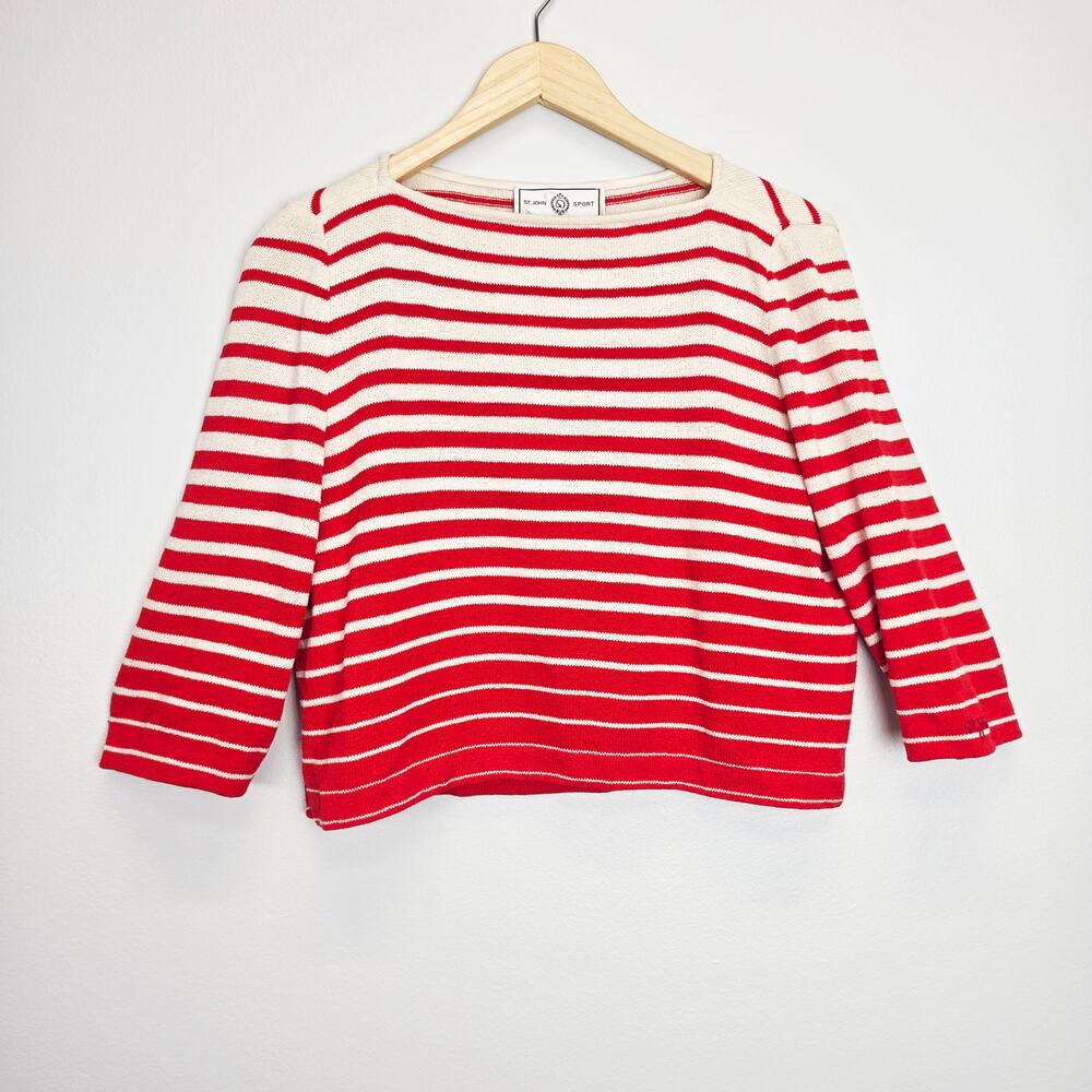 VTG St John Sport Marie Gray Santana Knit Top Red Cream Striped Pullover Sz S